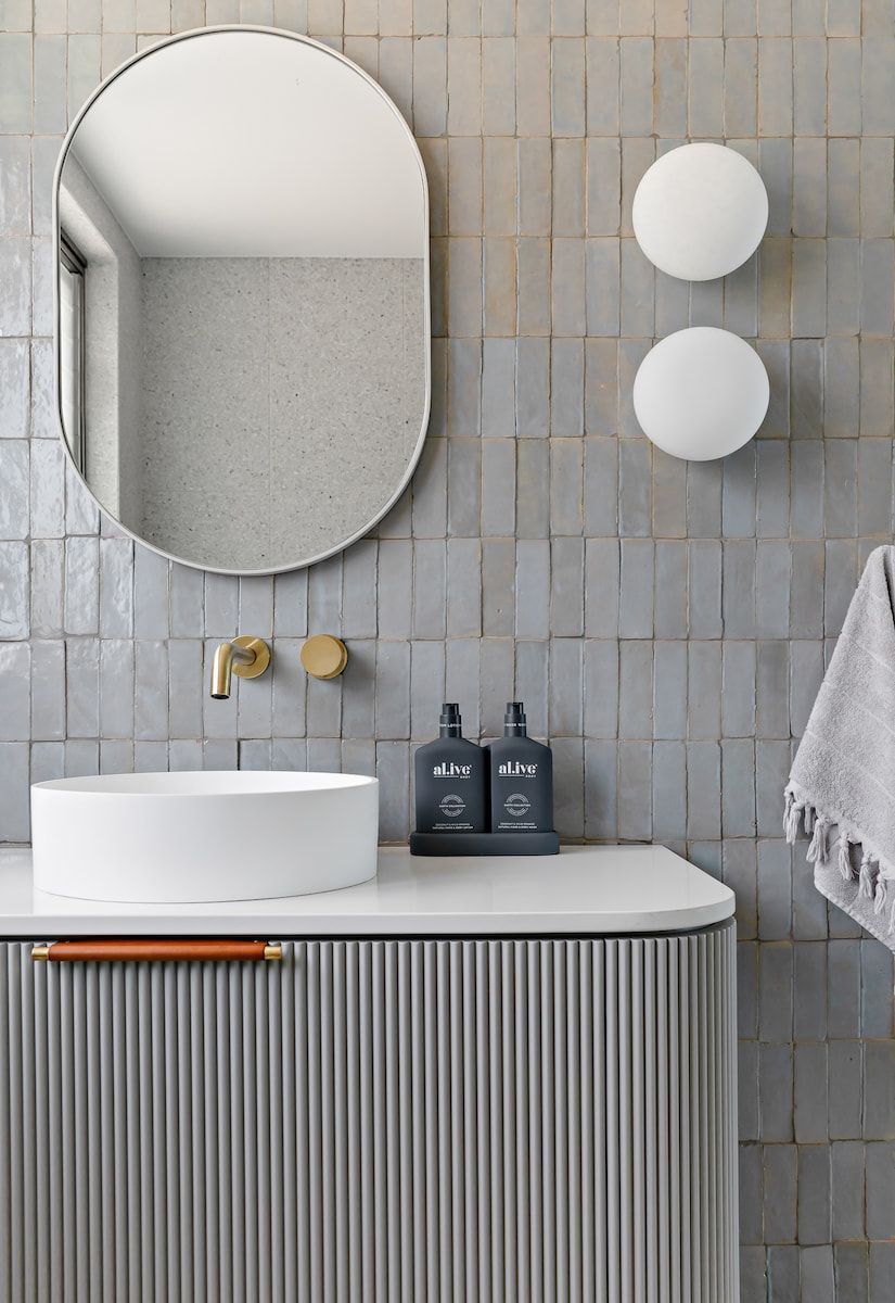 Modern Bathroom With Grey Tiles — Goode By Design in Unanderra, NSW