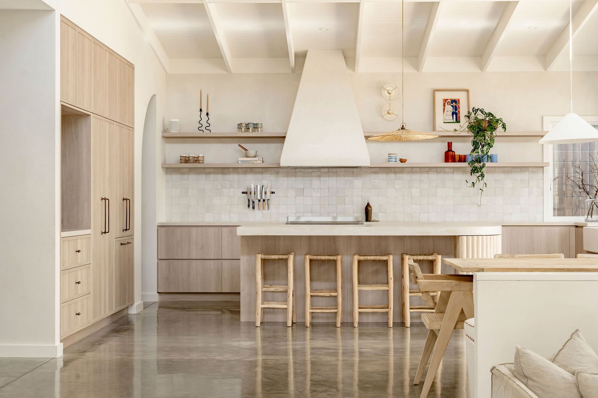Modern Kitchen With Light Wood Cabinets, Island With Stools — Goode By Design in Unanderra, NSW