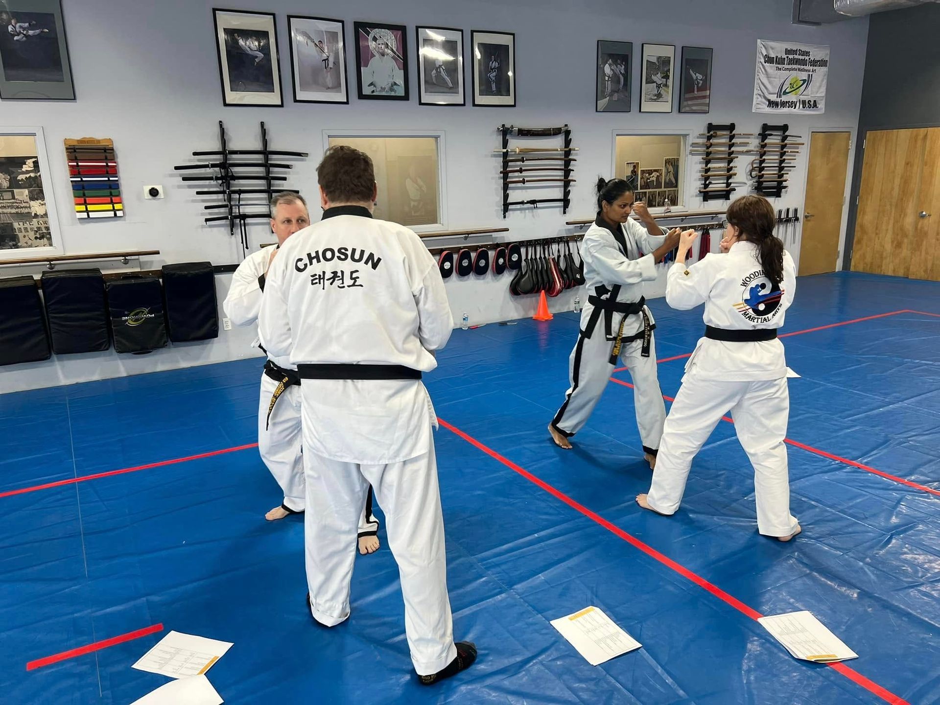 A group of people are practicing martial arts in a gym.
