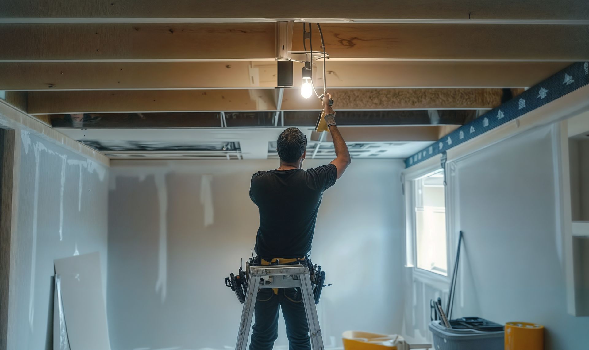 A man is standing on a ladder working on a light fixture in a room.