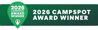 A green badge that says `` top campgrounds for fishing ''.