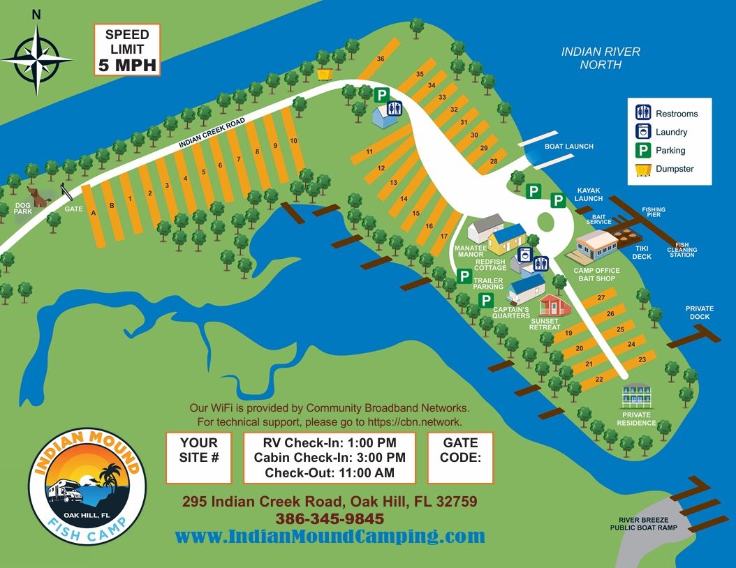 A map of a campground with a speed limit of 5 mph