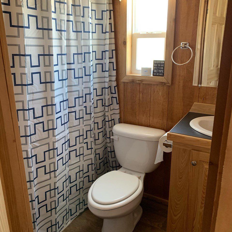 A bathroom with a toilet a sink and a shower curtain