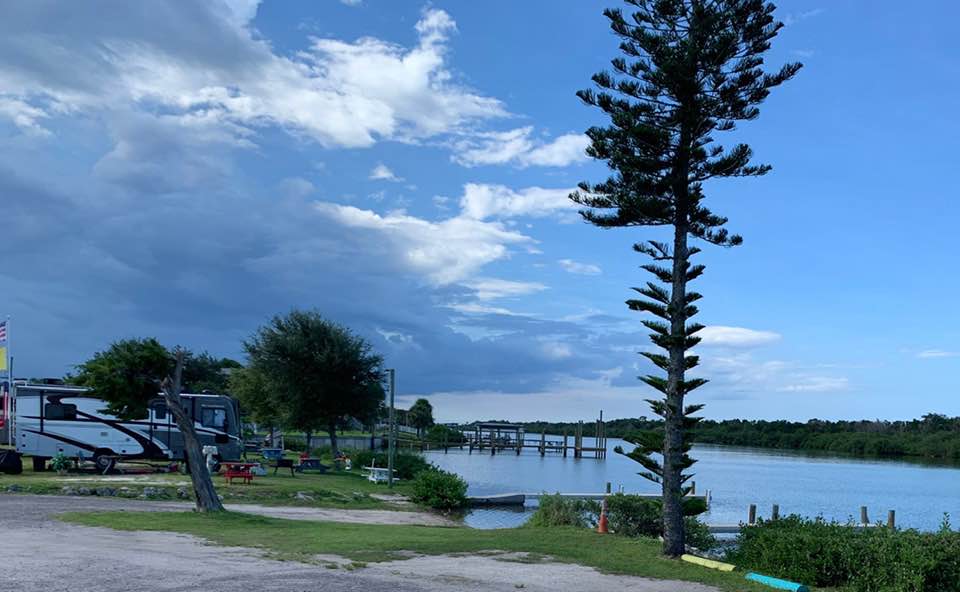 A rv is parked next to a lake with a tree in the foreground.
