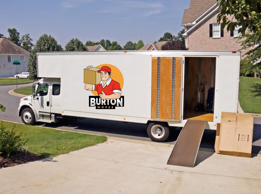 A burton moving truck is parked in front of a house