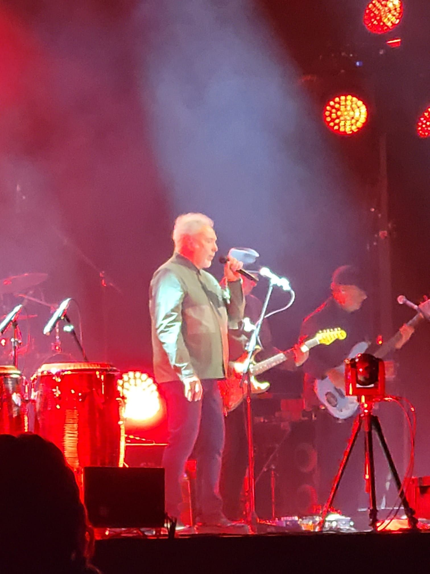 A man singing into a microphone on a stage