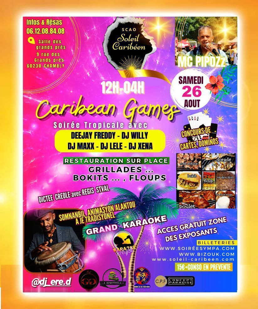 Affiche de l'événement des Jeux des Caraïbes avec DJ, karaoké, nourriture et accès gratuit.