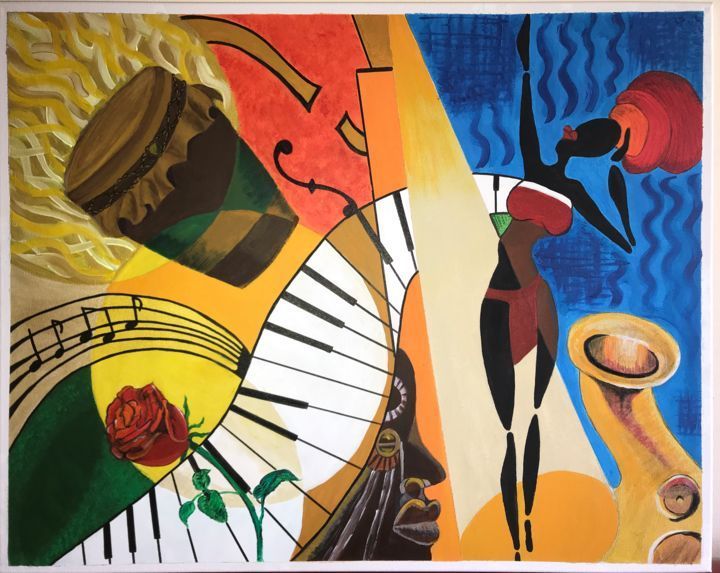 Peinture abstraite d'une femme, d'instruments de musique et de notes aux couleurs vibrantes.