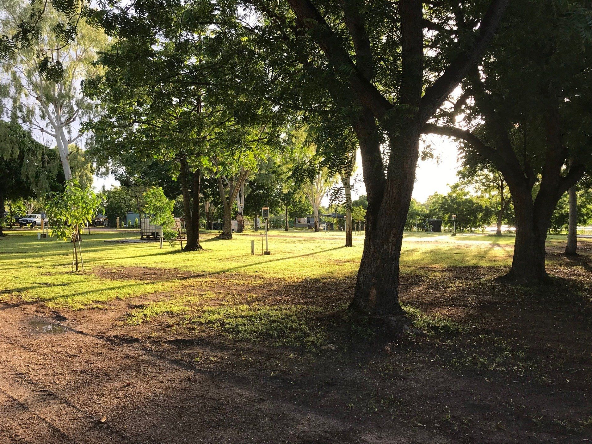 Grassy Park With Trees. Sunlight Streams Through Branches — Karumba Point Holiday Tourist Park in Karumba, QLD