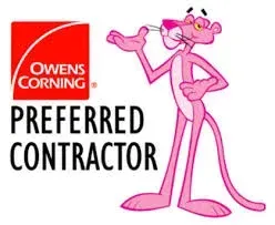 Owens Corning Preferred Contractor logo featuring the Pink Panther character gesturing toward the company name.