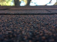 A close-up, low-angle view of textured brown and black asphalt roof shingles against a blurred, out-of-focus background.