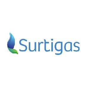El logotipo de surtigas es azul y verde con una hoja en el medio.