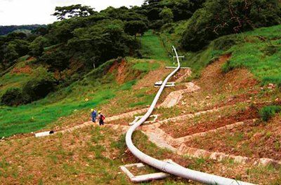 Una manguera está tendida en el suelo en medio de un campo.