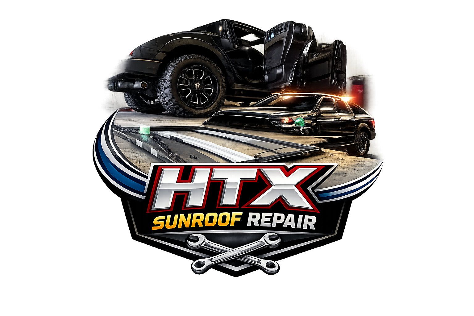 HTX Sunroof Repair logo with a black car, wrench icon, and the text 