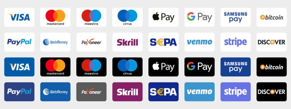 Logos for payment methods, including Visa, PayPal, Apple Pay, Google Pay, and Bitcoin.
