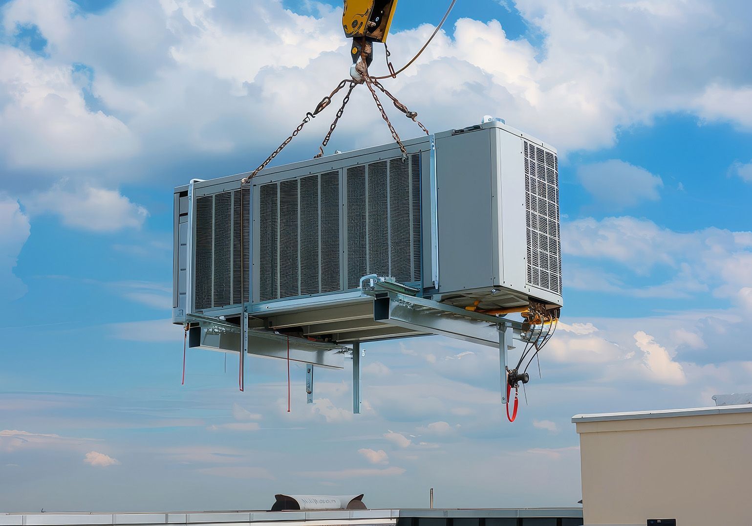 A large air conditioner is being lifted by a crane on top of a building.