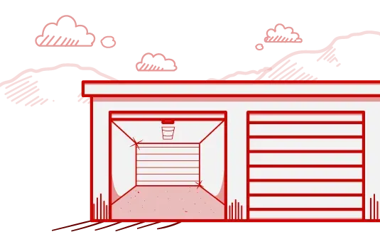 Red line drawing of a garage with an open door, revealing the interior. Clouds and mountains in the background.