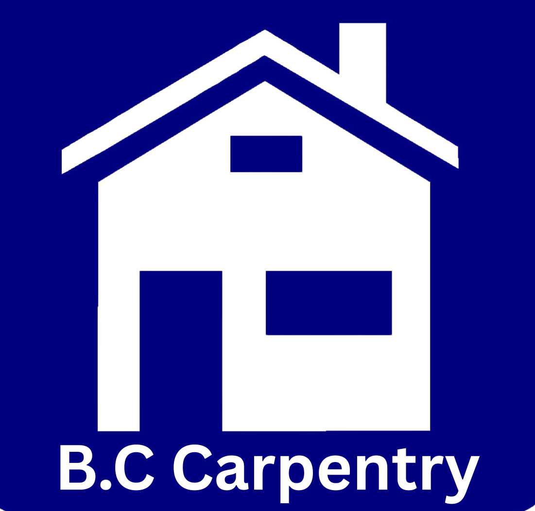 Logo of BC Carpentry with a hammer and a stylized wooden object. Dark blue text on white.