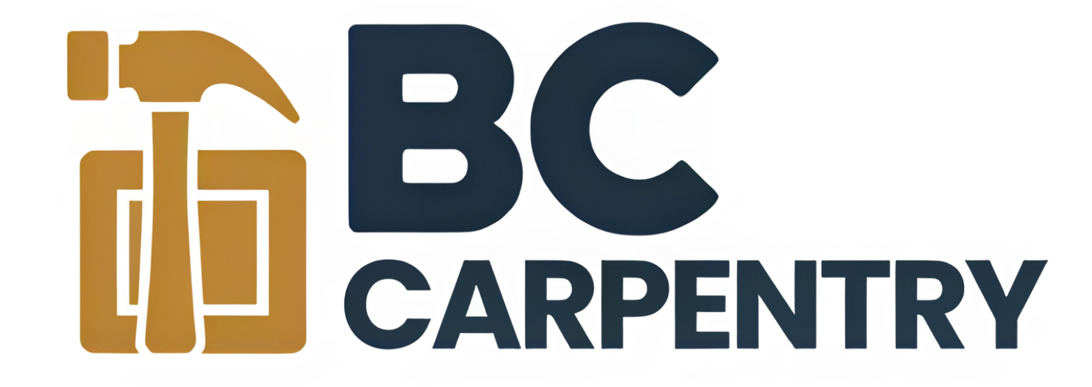 BC Carpentry logo with hammer on wood grain initials