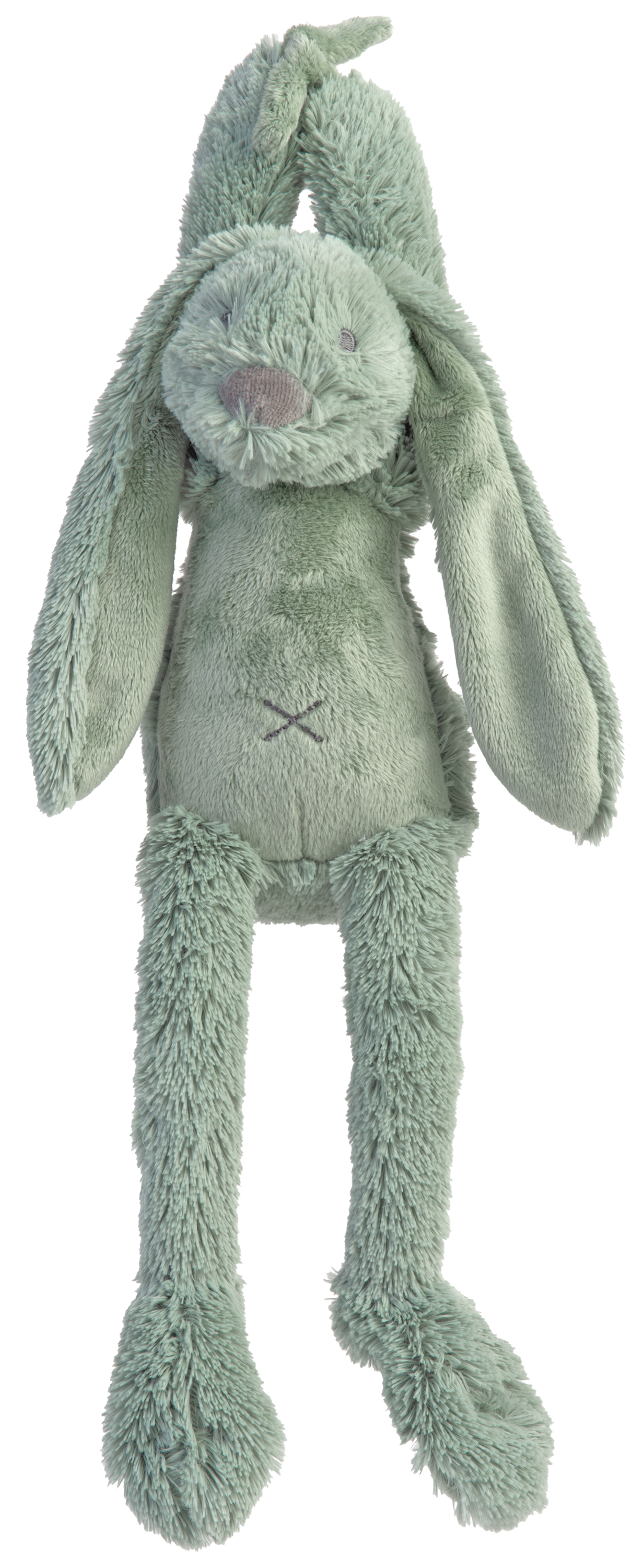 Groen pluche konijn met lange, slappe oren en bungelende poten, rechtop zittend op een witte achtergrond.