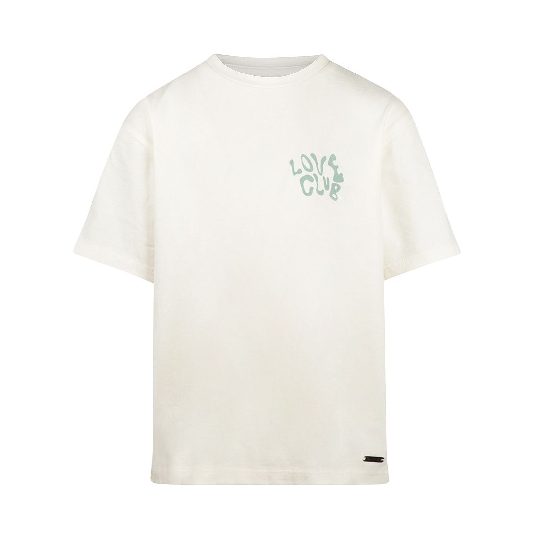 Wit T-shirt met een kleine groene afbeelding op de linkerborst en een klein zwart labeltje bij de zoom.