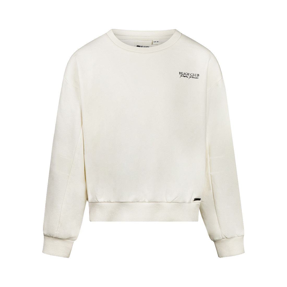 Crèmekleurige sweater met ronde hals, lange mouwen en een klein logo op de borst, vooraanzicht.