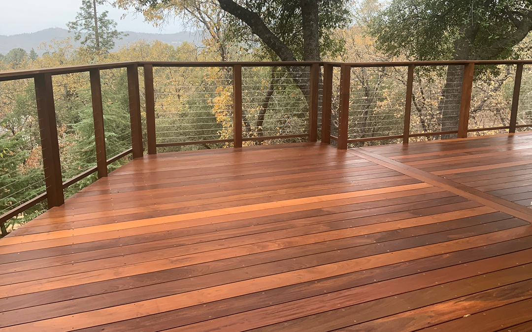 A beautifully stained outdoor deck.