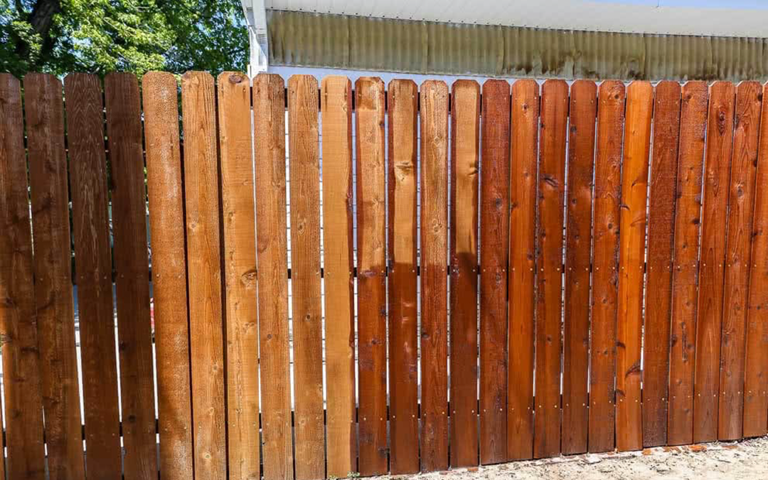 Outdoor wooden fence in the midst of being professionally stained Novato Marin