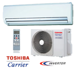 A toshiba carrier air conditioner with a remote control