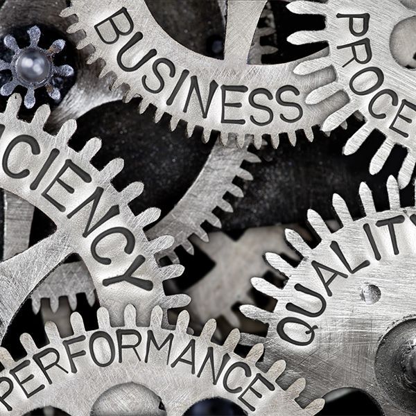 A group of gears with the words business quality and performance written on them