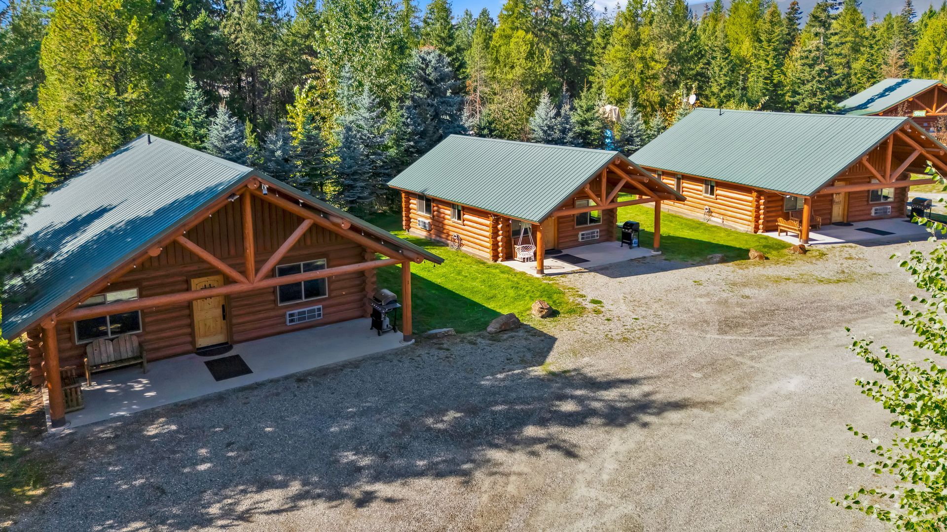 RV sites, luxury log cabins and a glamping campground with water electric sites and full hook up sites next to a pavilion, playground, hot tub, bathhouse in a wooded setting in Bonners Ferry, Idaho in the North Idaho pandhandle