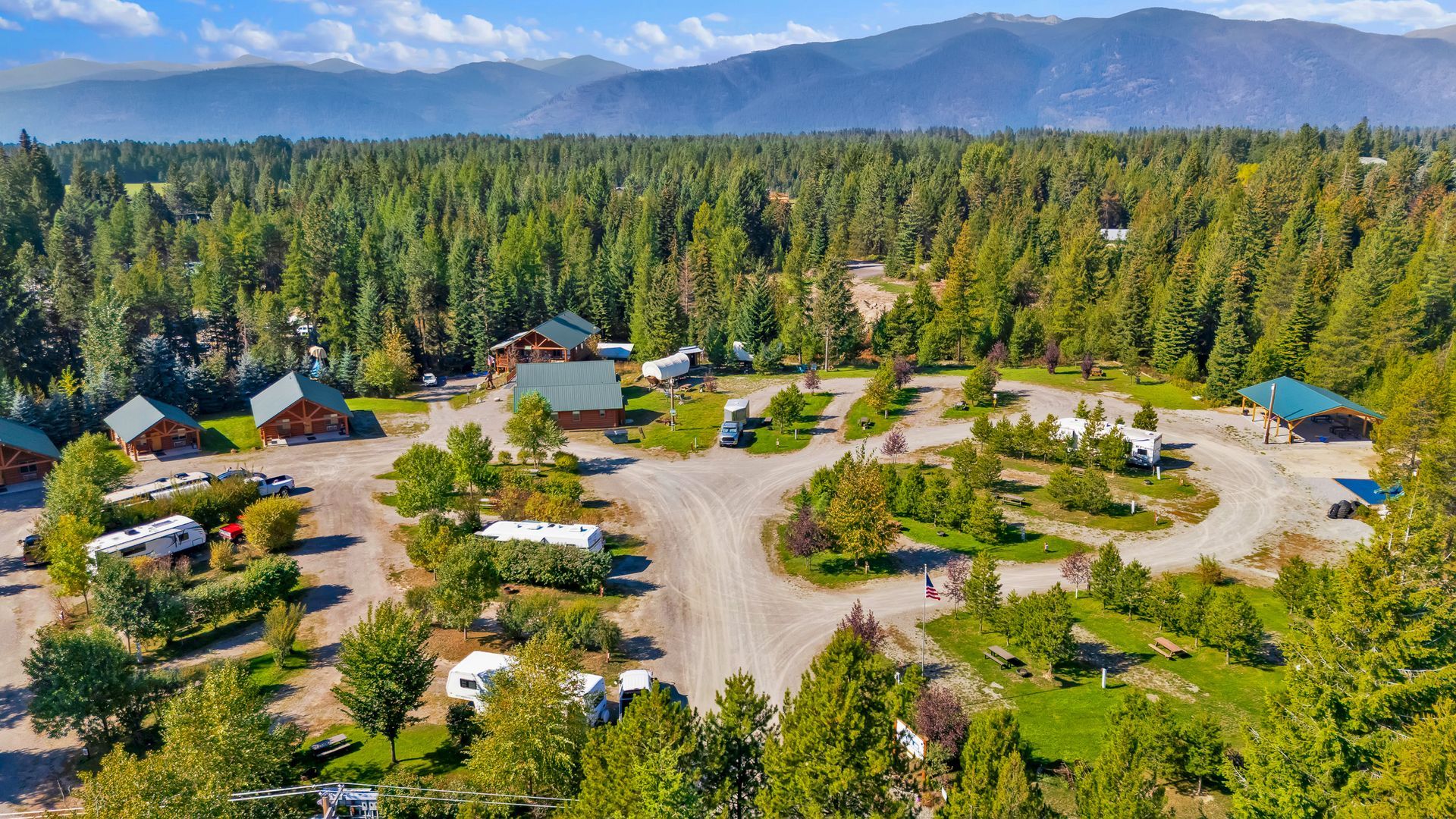 RV sites, luxury log cabins and a glamping campground with water electric sites and full hook up sites next to a pavilion, playground, hot tub, bathhouse in a wooded setting in Bonners Ferry, Idaho in the North Idaho pandhandle