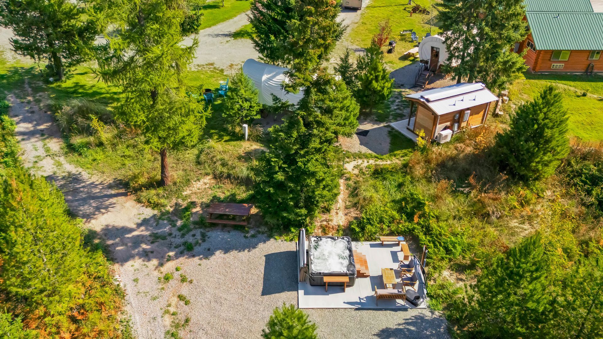 RV sites, luxury log cabins and a glamping campground with water electric sites and full hook up sites next to a pavilion, playground, hot tub, bathhouse in a wooded setting in Bonners Ferry, Idaho in the North Idaho pandhandle