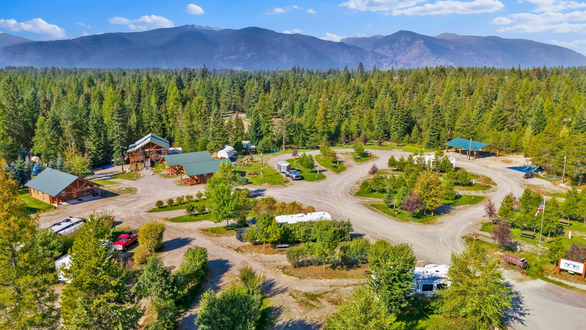 RV sites and campground with water electric sites and full hook up sites next to a pavilion, playground, hot tub, bathhouse in a wooded setting in Bonners Ferry, Idaho in the North Idaho pandhandle