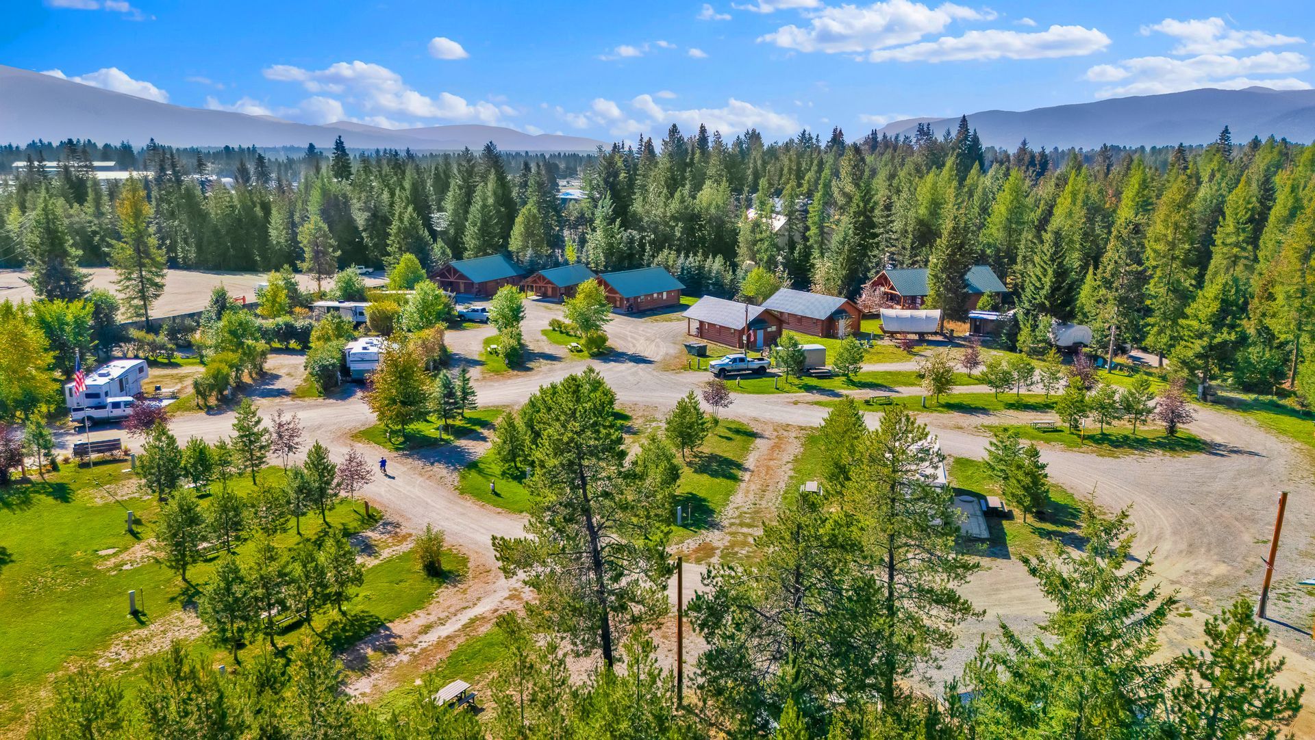 RV sites, luxury log cabins and a glamping campground with water electric sites and full hook up sites next to a pavilion, playground, hot tub, bathhouse in a wooded setting in Bonners Ferry, Idaho in the North Idaho pandhandle