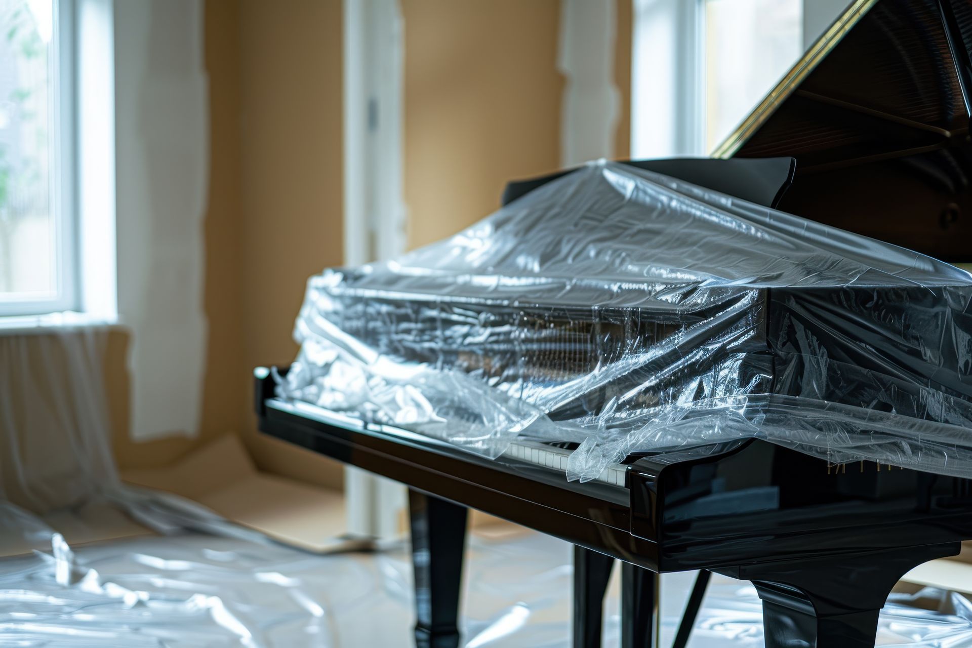 A grand piano covered in plastic, in a room under renovation with windows and papered walls.