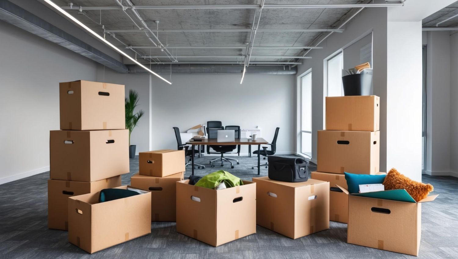 A bunch of cardboard boxes are stacked on top of each other in an office.