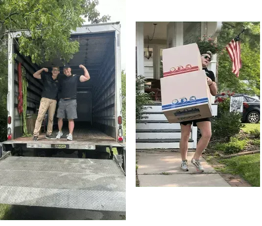 A man and a woman are standing in front of a moving truck.