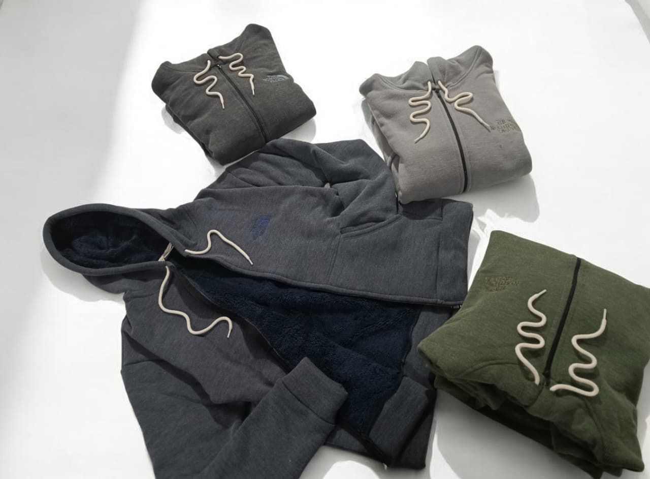 Sudaderas con capucha dobladas apiladas en gris oscuro, negro, gris claro y verde oliva sobre una superficie blanca.
