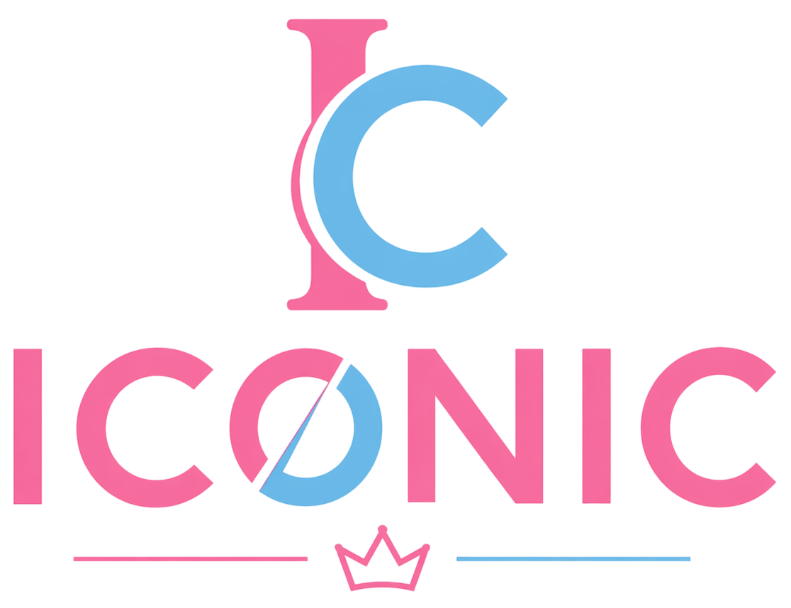 Logotipo rosa y azul “ICONIC” con un icono de corona y las letras C y O estilizadas.