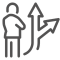 Person facing a choice: two arrows diverging upward.