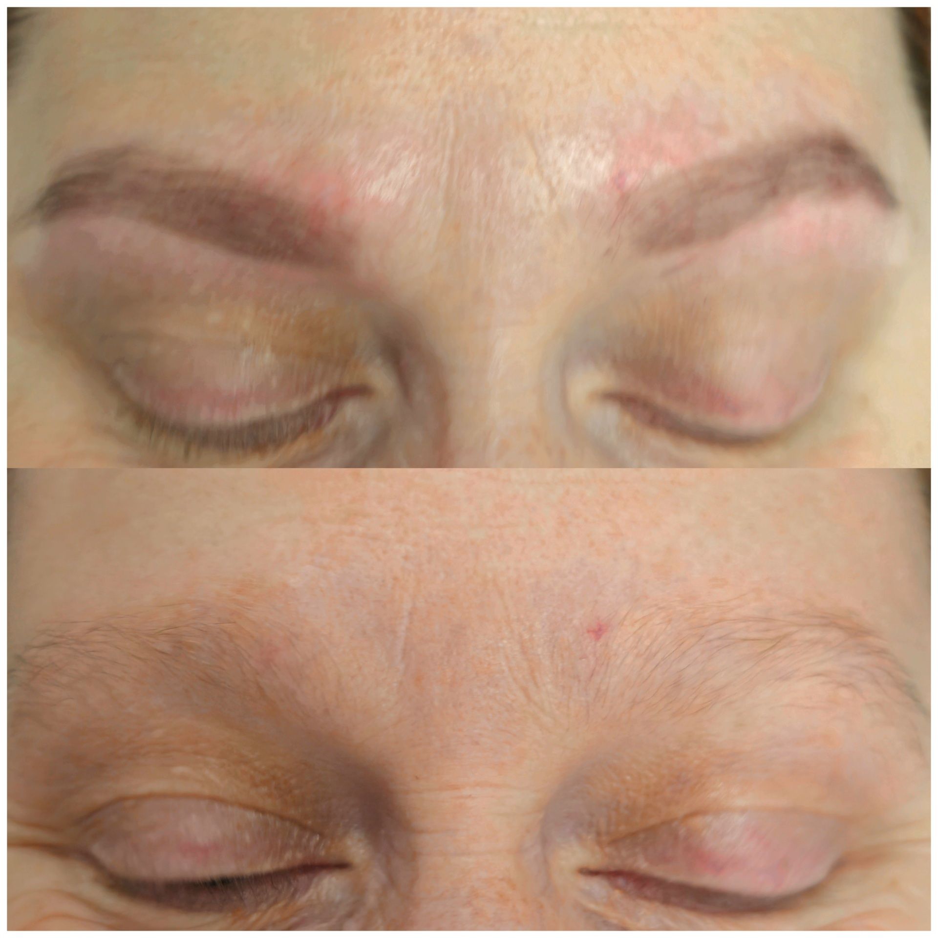 Top: Close up of eyebrows filled with pigment. Bottom: Eyebrows before pigment application.