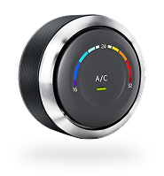 Car air conditioning dial with temperature gauge, color-coded, and marked 