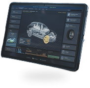 Tablet displaying a 3D model of a car with data, likely diagnostic or informational, on a dark user interface. | Acadia Auto Service