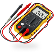 Yellow and black digital multimeter with attached red and black test leads, reading 0.00. | Acadia Auto Service