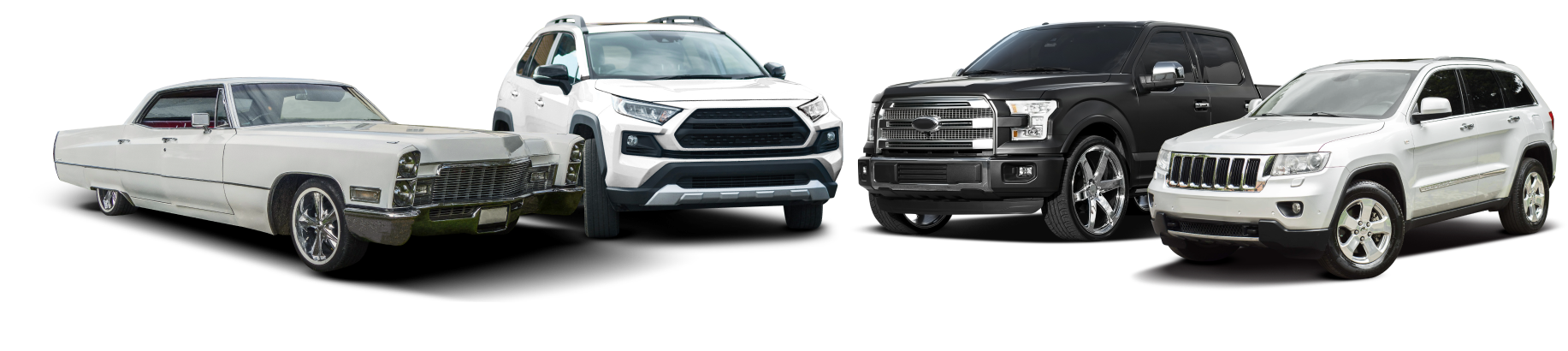 Four vehicles of different types and colors against a white background. | Acadia Auto Service