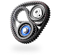 Timing belt with pulleys, black belt, gray pulleys with blue and white accents.
