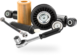 Car parts including filter, pulleys, shock absorbers, and wrench. | Acadia Auto Service