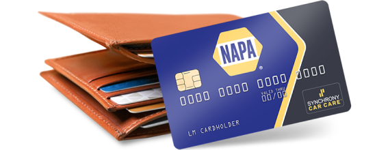 NAPA credit card with a brown leather wallet. Blue card with white numbers and the NAPA logo.  | Acadia Auto Service