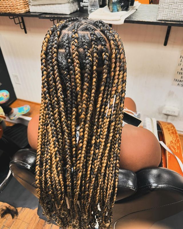 A woman with long braids is sitting in a chair.